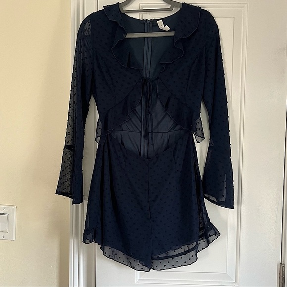 Navy Tie Front Romper - Picture 2 of 9